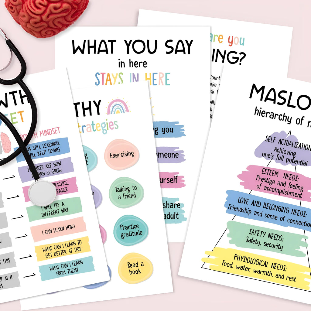 Set of 12 mental health posters on coated paper with bright film finish, each 255x355mm, with 60 glue dots
