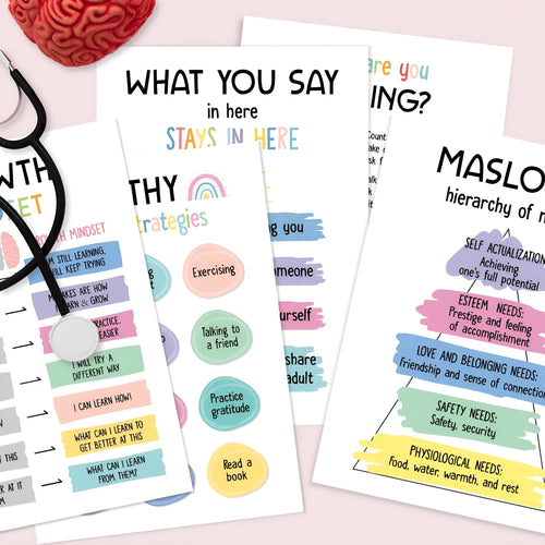 Set of 12 mental health posters on coated paper with bright film finish, each 255x355mm, with 60 glue dots