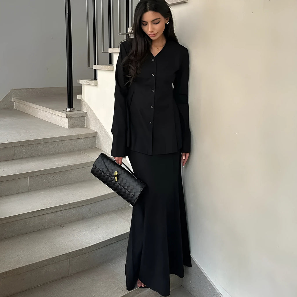 Women's V-neck slim fit polyester suit set with long sleeves and long skirt in black