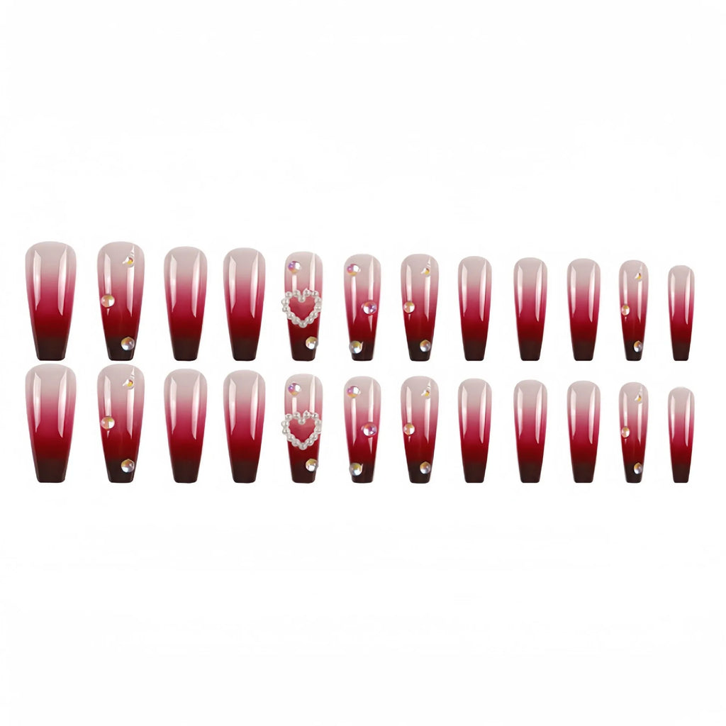 Wine red gradient fake nail tips with pearl heart decoration and plaid pattern in long ballet length style.