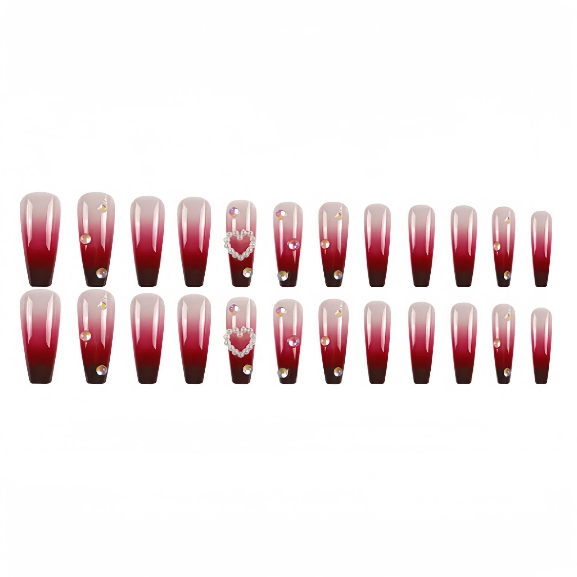 Wine red gradient fake nail tips with pearl heart decoration and plaid pattern in long ballet length style.