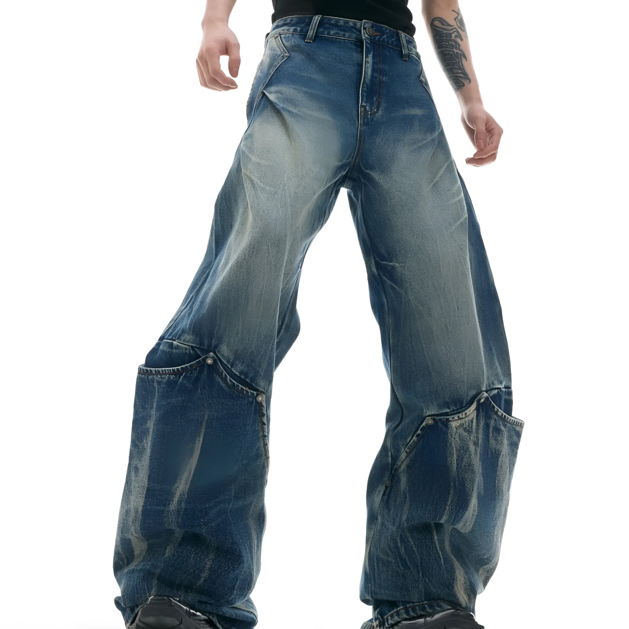 Men's verdant blue jeans with washed burst pattern and curved knife design detail