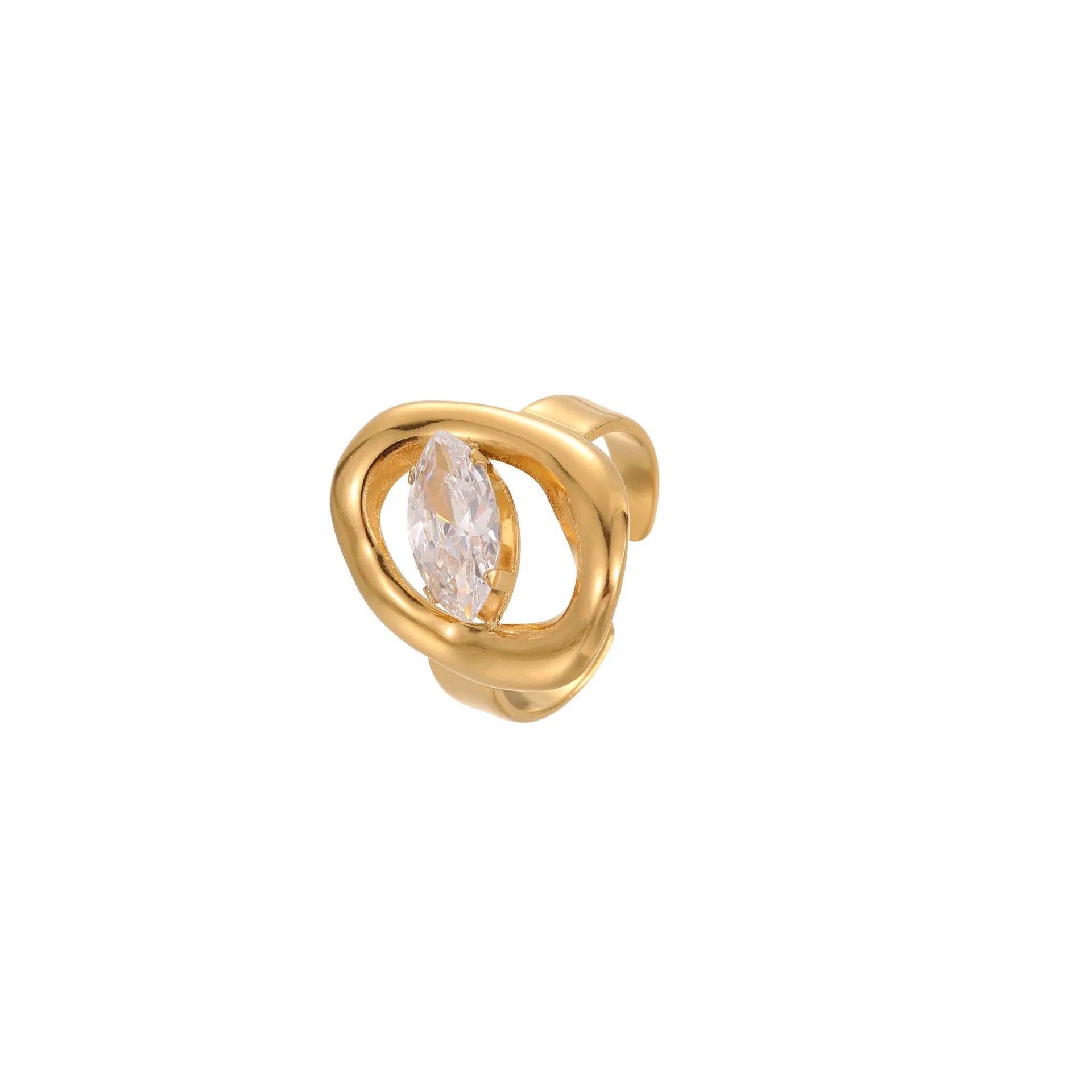 Adjustable geometric zircon ring in stainless steel with electroplated finish showing open-mouth design