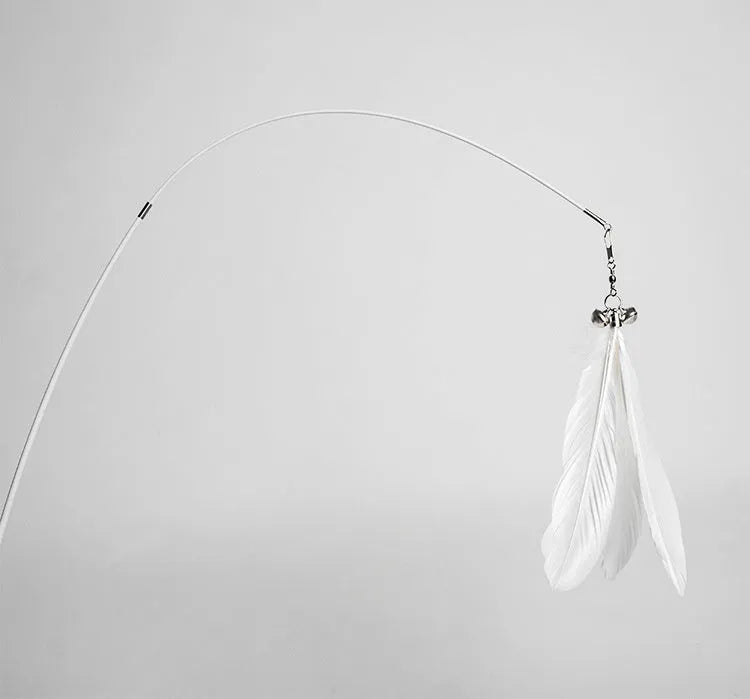 Telescopic cat fishing rod toy with self-hi bell and white goose feather lure on white shaft, extended for play