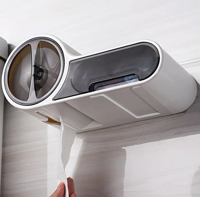 White plastic streamline curved toilet roll holder with no-punching installation on bathroom wall