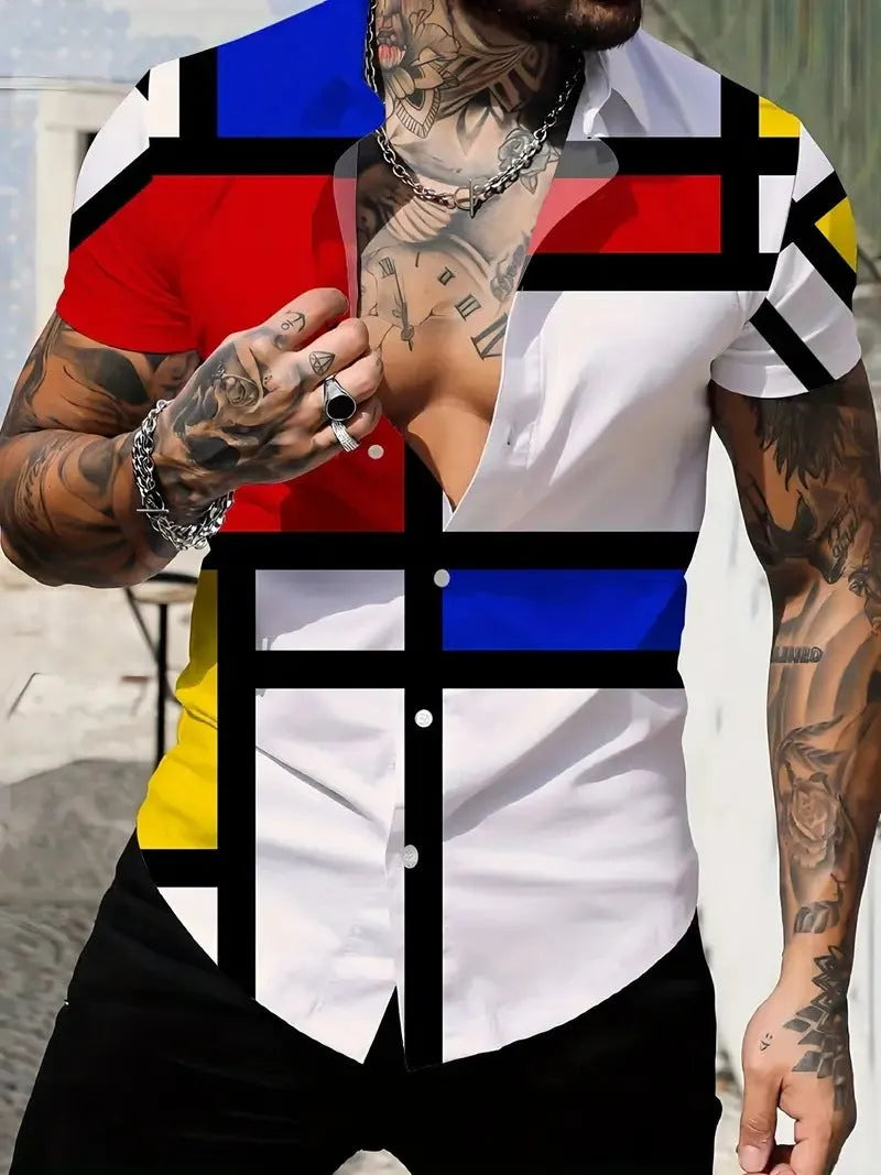 Men's blue geometric print lapel short sleeve shirt in slim fit