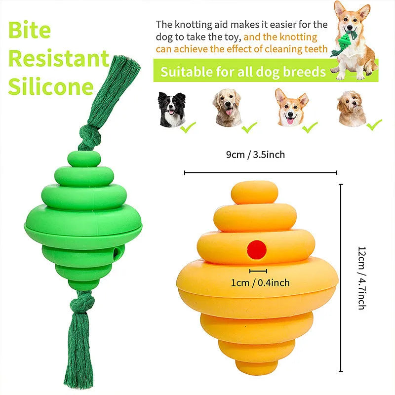Green and yellow dog ball with rope toy for large breeds with treat dispenser
