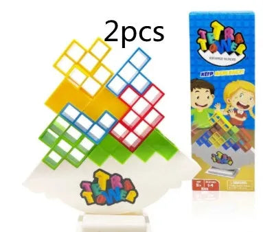 Plastic balance stacking game with 16 coloured blocks, chassis and base for family travel parties