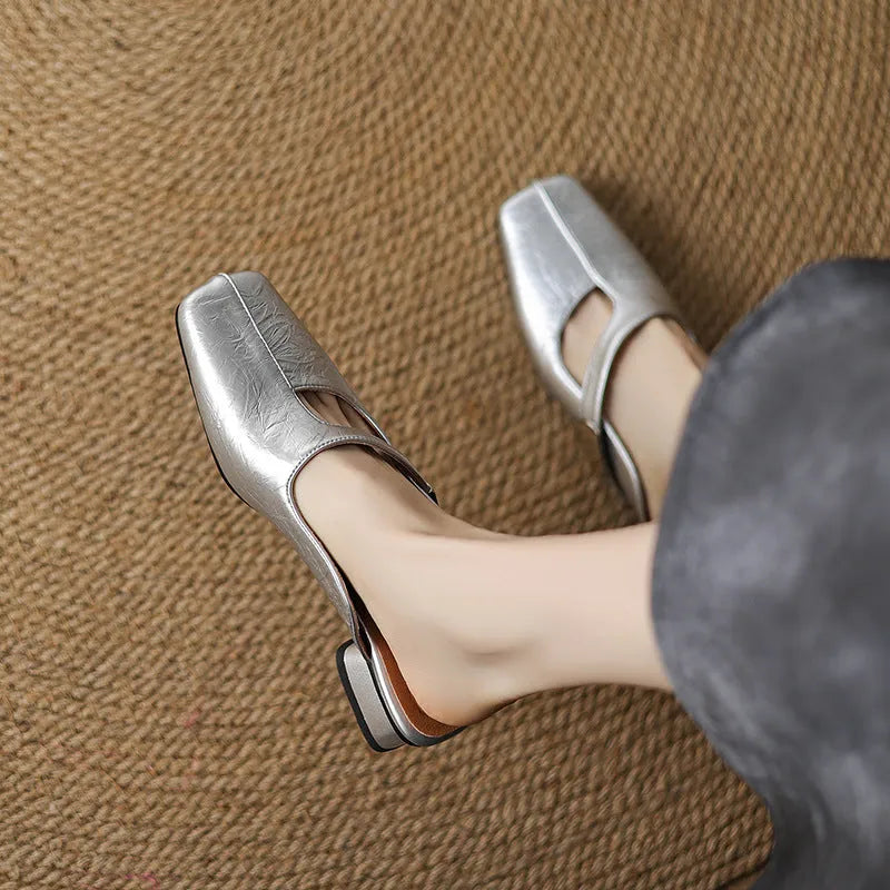 British-style square toe outdoor slippers with low heel and rubber sole