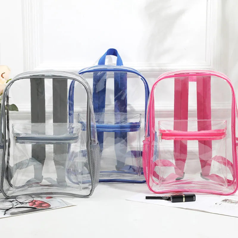 Transparent PVC large capacity outdoor travel backpack in black colour with clear view of contents, shown on a plain background