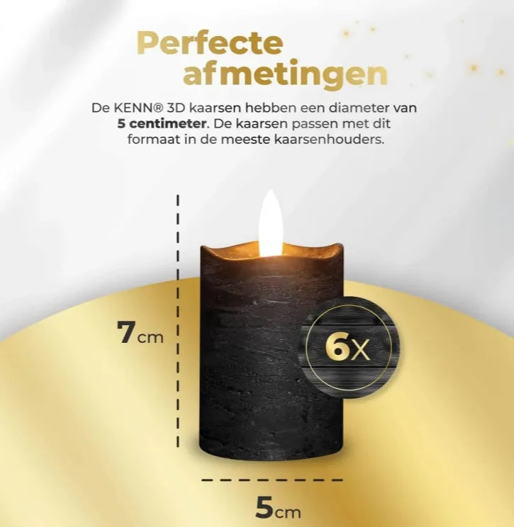 Black LED pillar candle with flickering flame effect, shown at D5cm wide by 7cm tall.