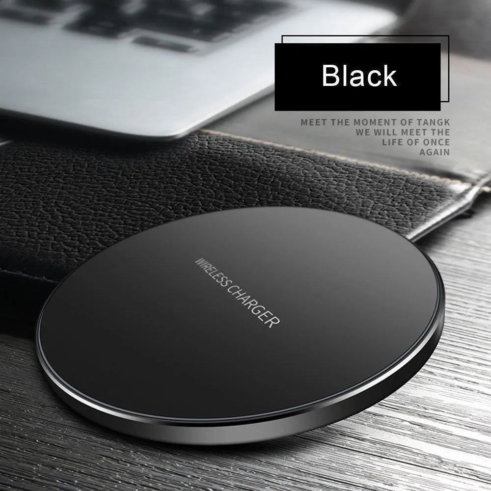 Black ultra-thin wireless charging base with 98mm square design for QI smartphone charging