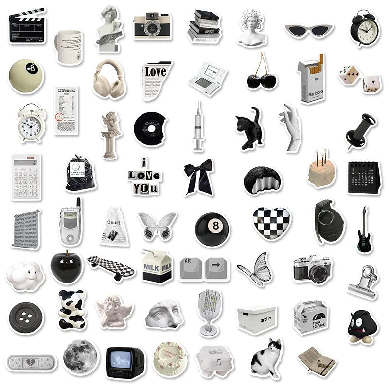 61 black and white PVC waterproof stickers on a sheet for laptops, phones and luggage