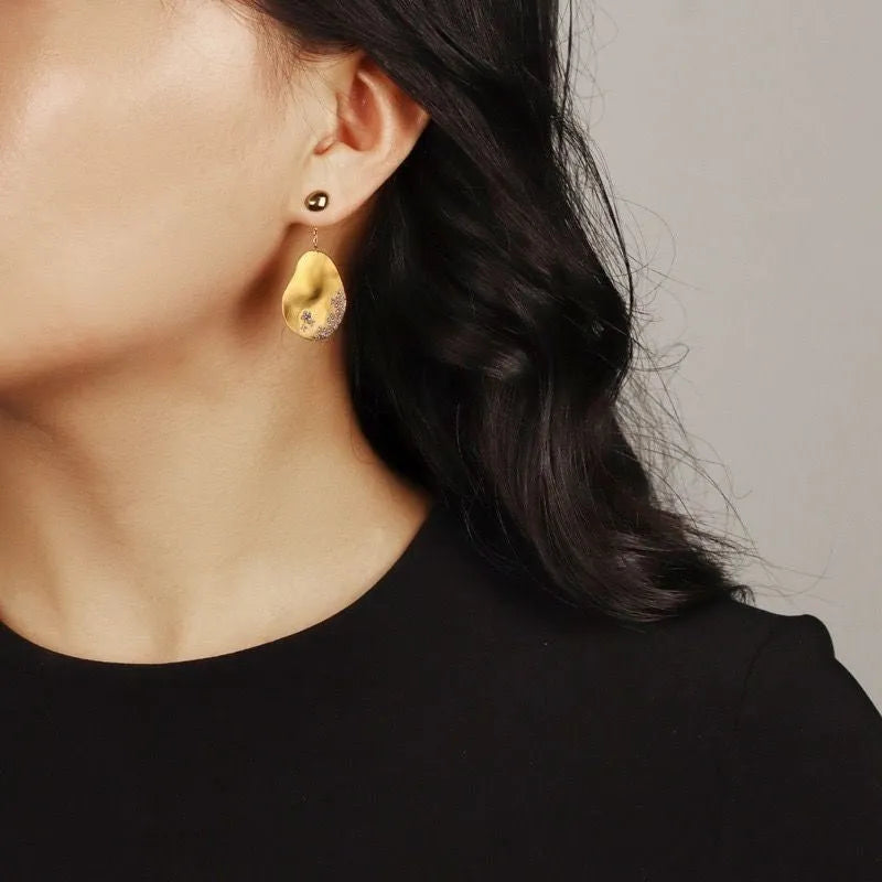 Asymmetric gold-plated zircon floral earrings for women in silver colour option