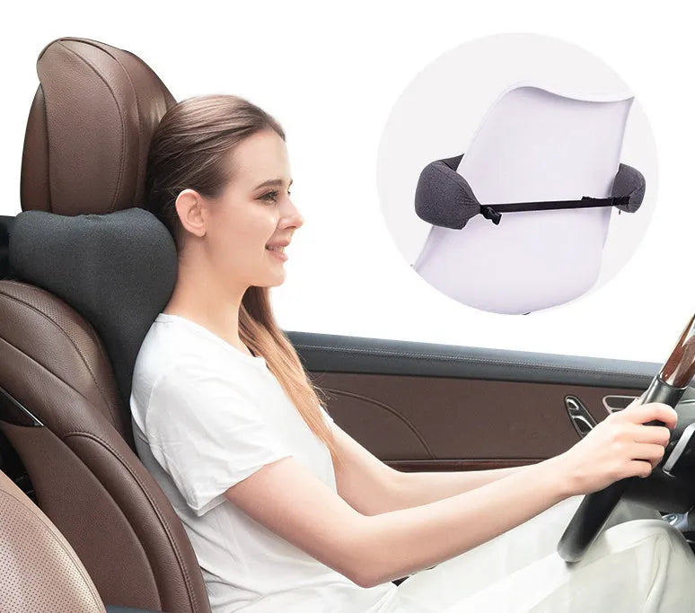 Memory foam car neck pillow in dark gray with polyester cover, 67cm length, for four seasons use
