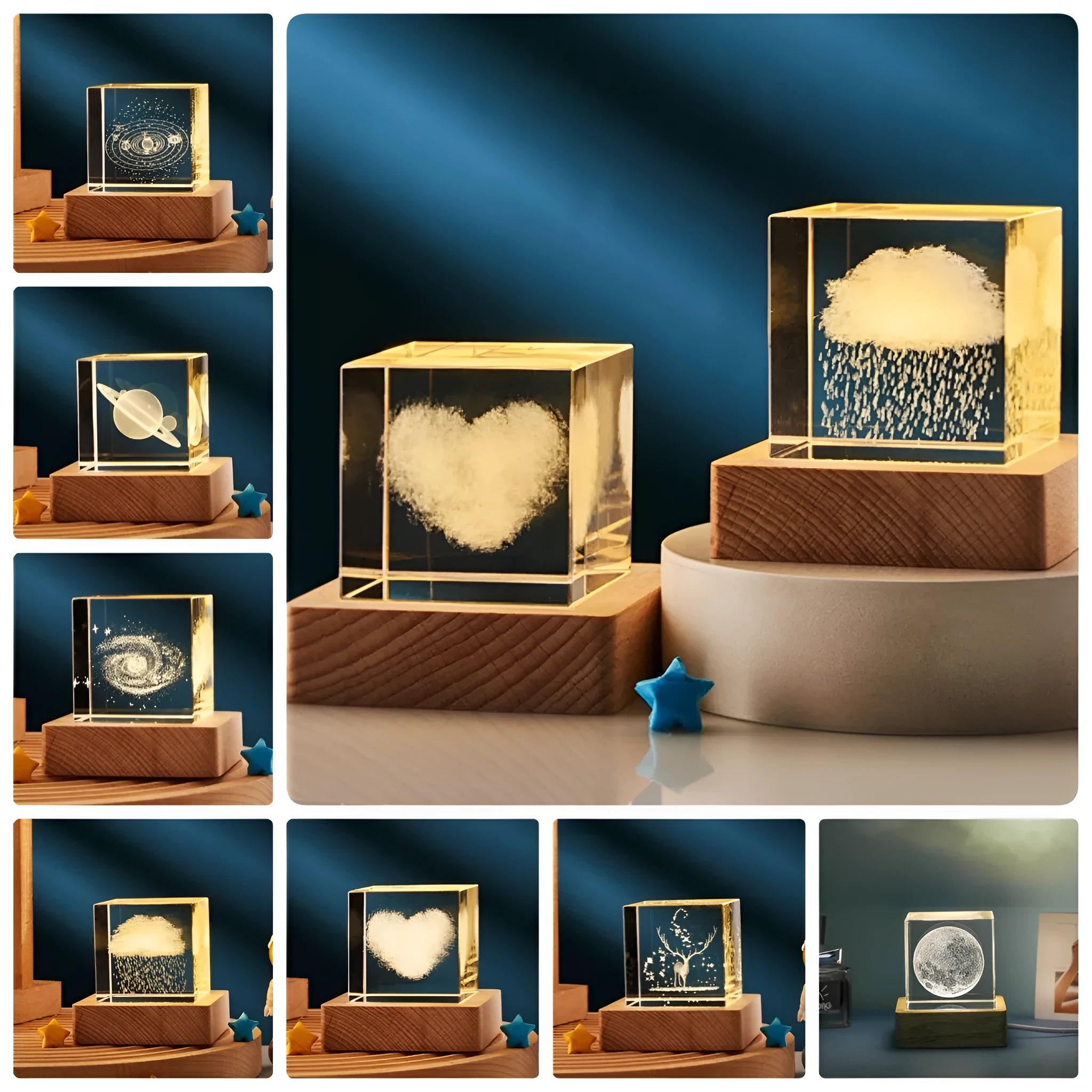 3D transparent crystal cube night lamp with warm light pattern on wooden desktop