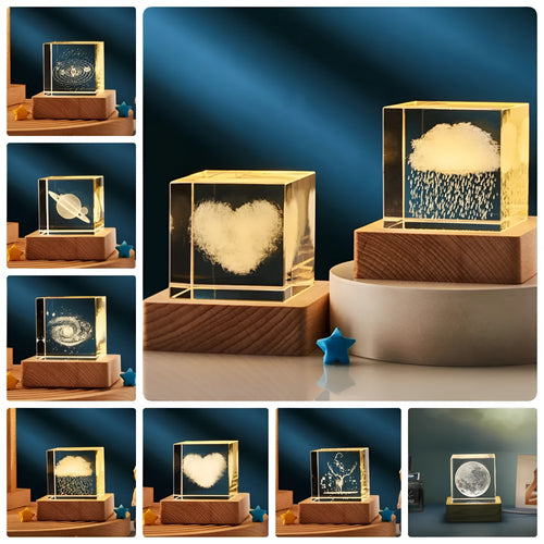 3D transparent crystal cube night lamp with warm light pattern on wooden desktop