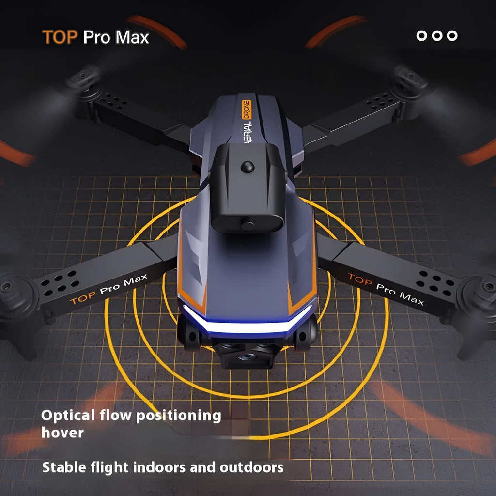 P18 black brushless motor drone with optical flow positioning and dual lens on a flat surface