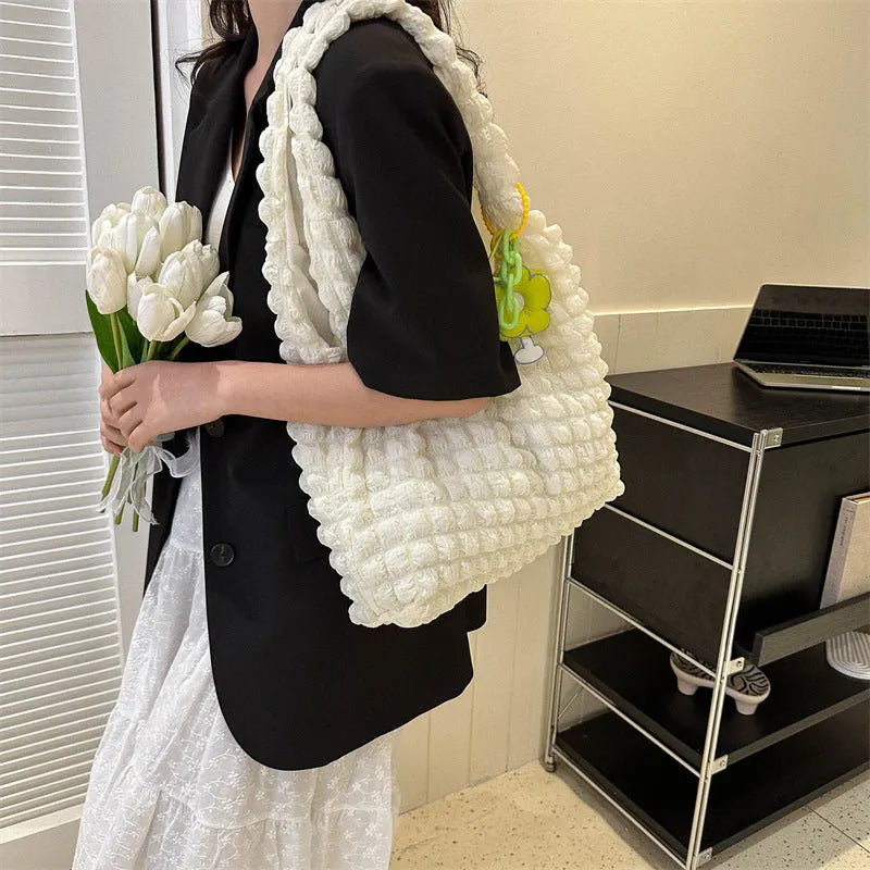 Pleated bubble bag women sweet flower design polyester soft vertical square crossbody shoulder bag with pendant in beige