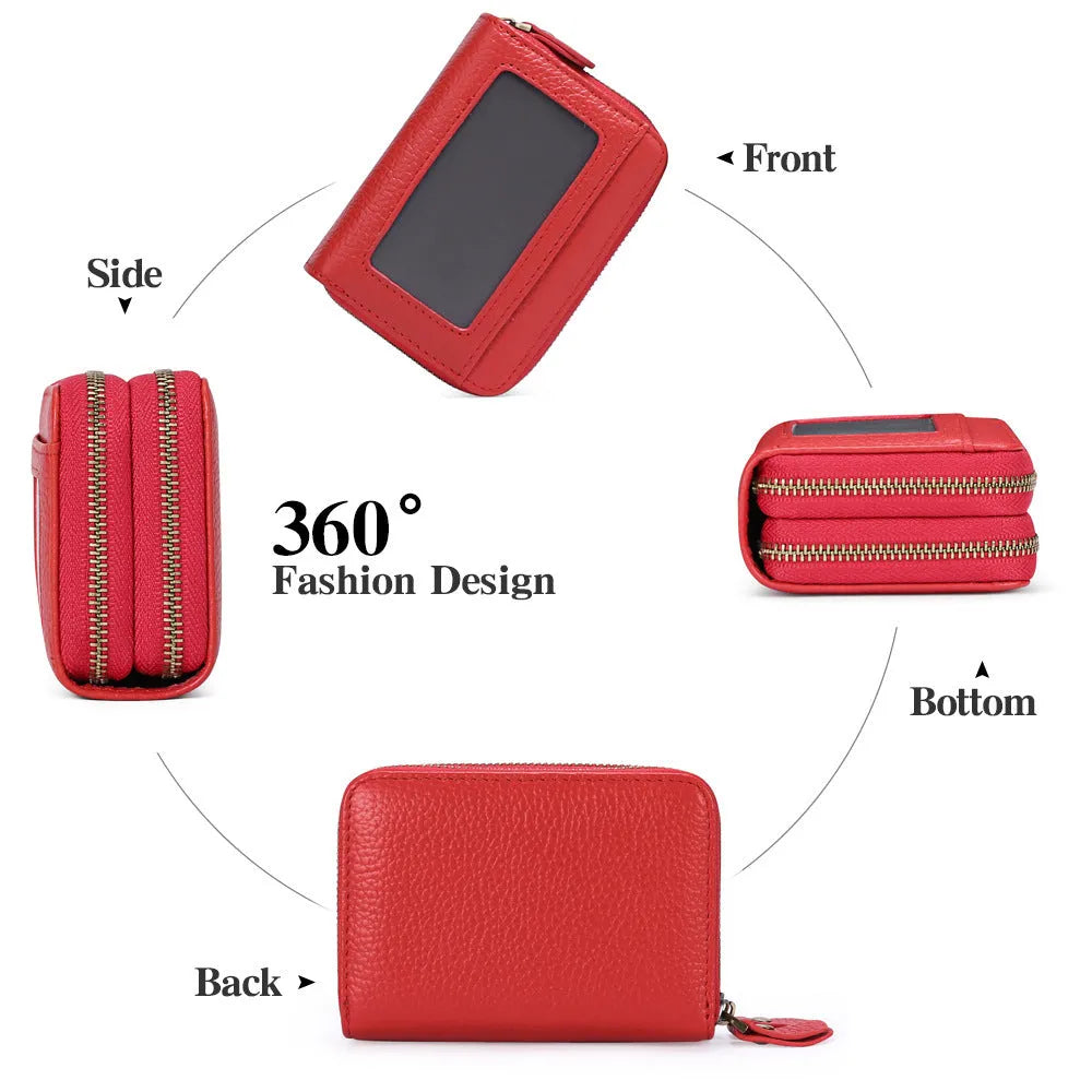 Cowhide double layer zipper expanding card holder in red with anti-theft RFID protection and gift box