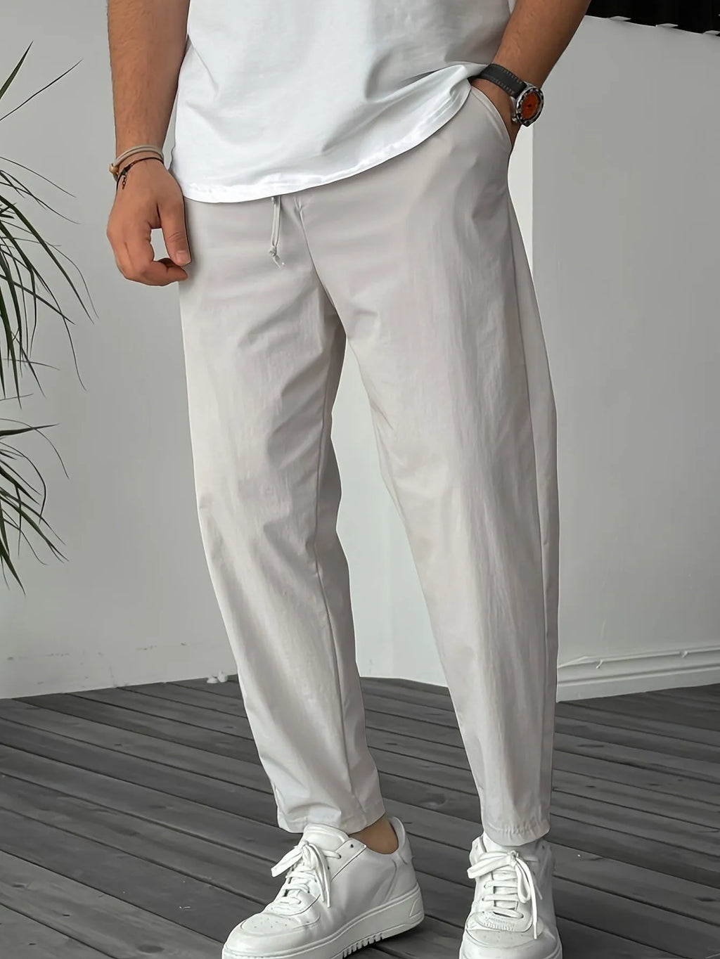 Men's pure colour straight leg drawstring trousers in khaki with ribbon pocket detail, bamboo fibre and rabbit fur blend