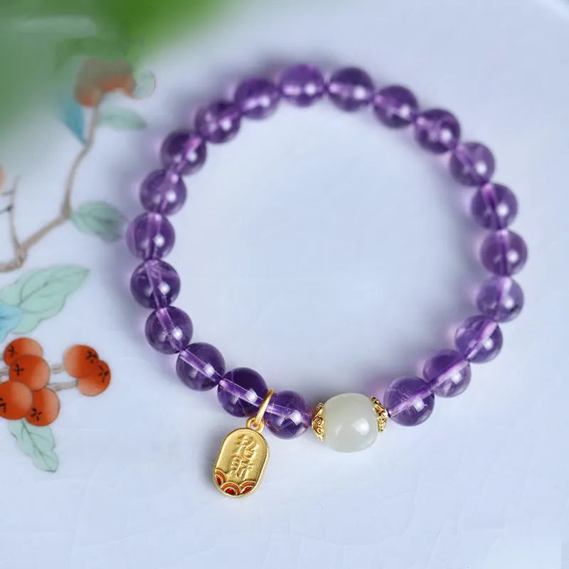 Simple amethyst bracelet with 8mm round crystal beads in geometric national style for women
