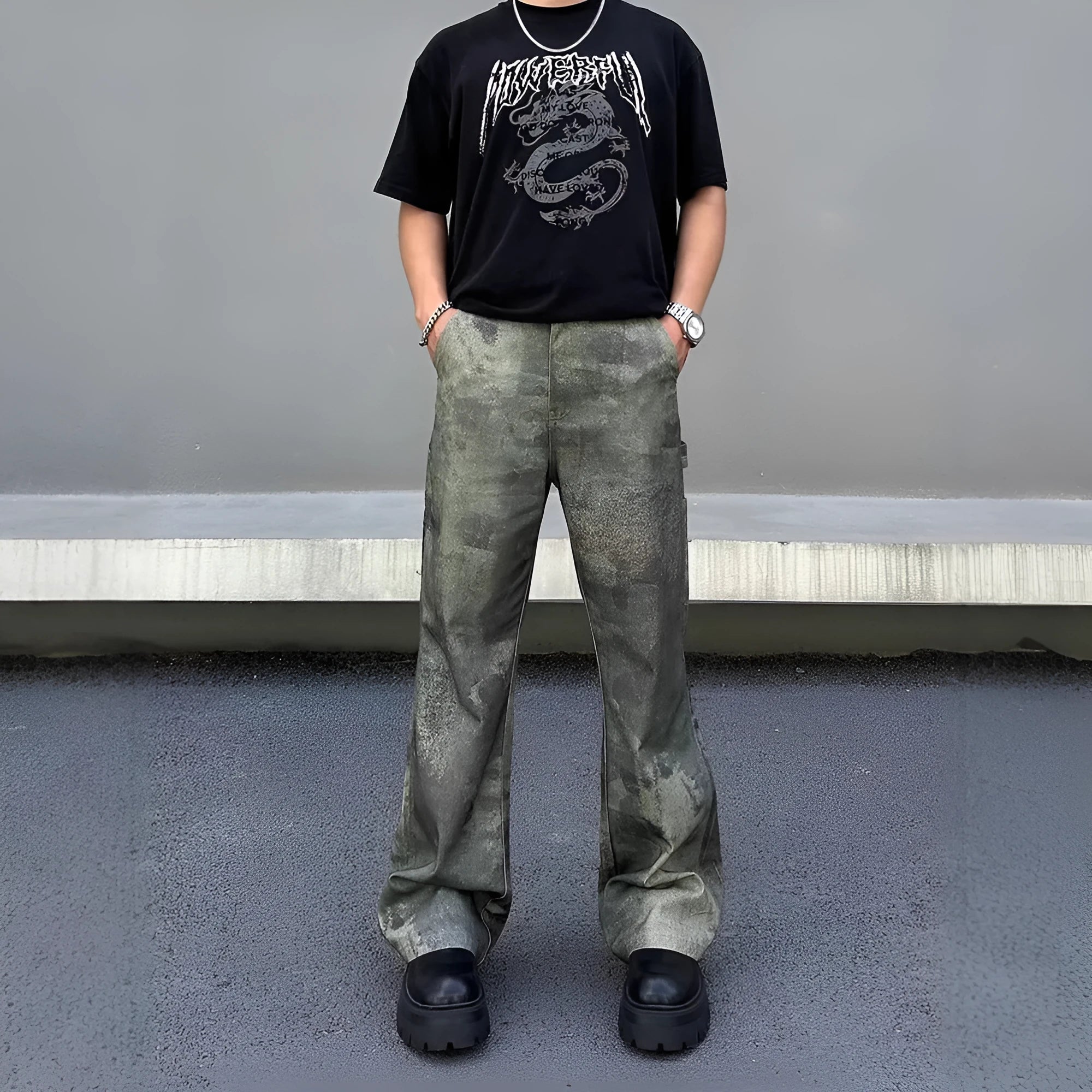 Men's straight-leg jeans with digital camouflage pattern in cotton denim fabric