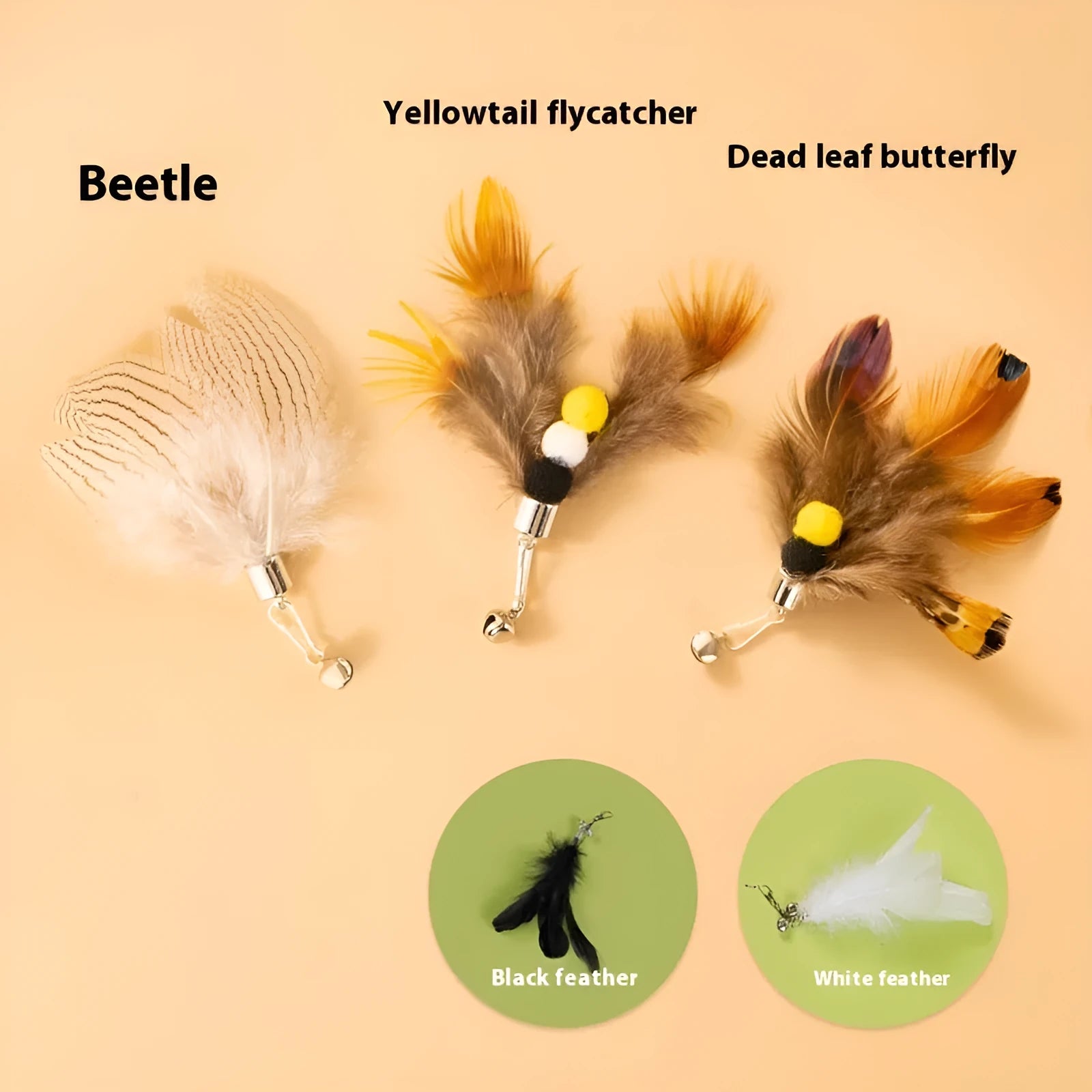 Three steel wire cat toy replacement heads with flying insect designs for scratch-resistant play