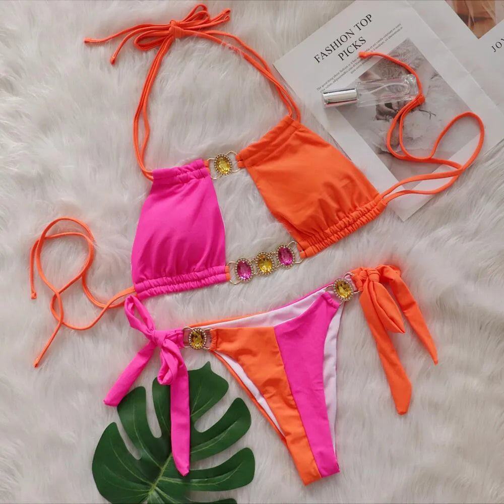 New Crystal Diamond Bikini in solid colour with bandage split design for women