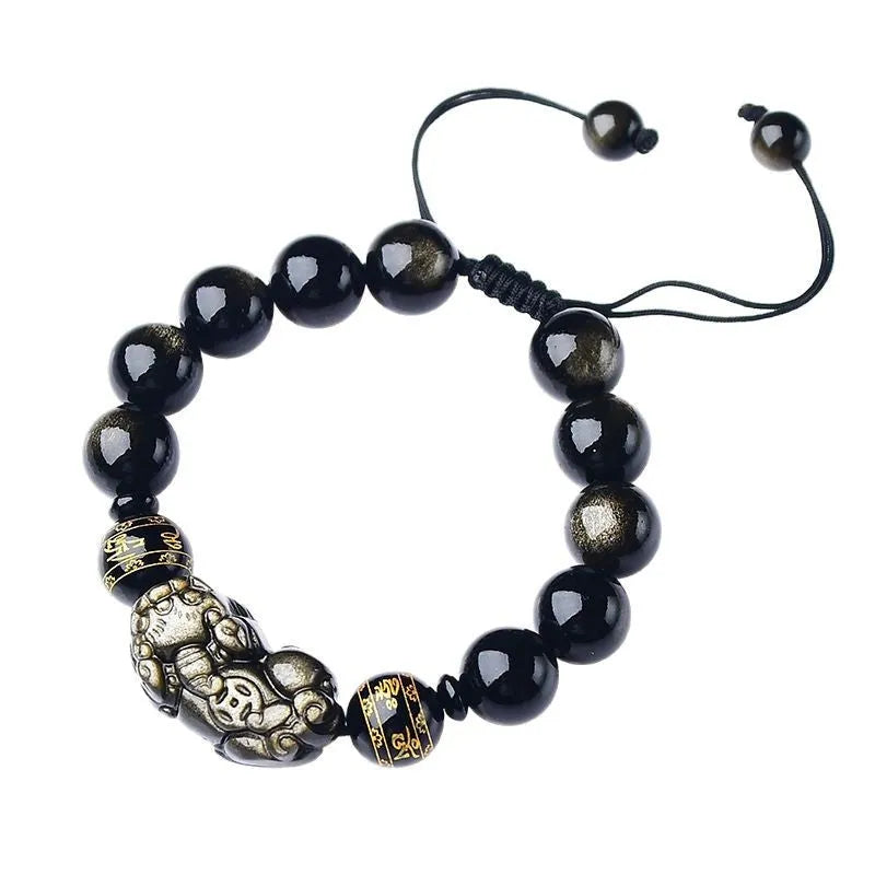 Natural obsidian Pi Xiu bracelet with hand-woven cord and golden sheen on black beads