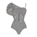Women's one-piece ruffled striped swimsuit with black skirt in polyester fabric