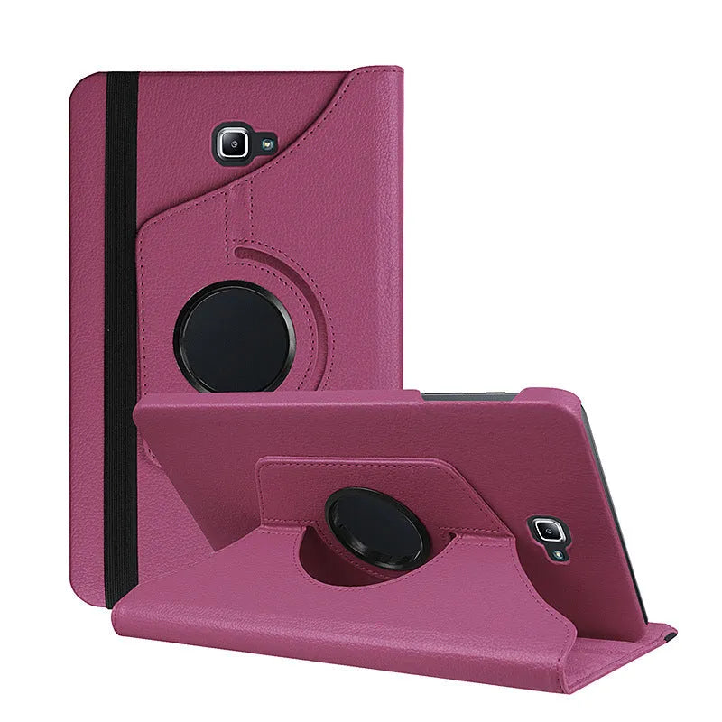 Rotating leather tablet case in clamshell business design showing adjustable viewing mechanism