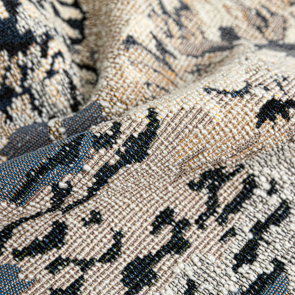 Antique blue wool blend cushion with Chinese floral pattern and feather velvet filling