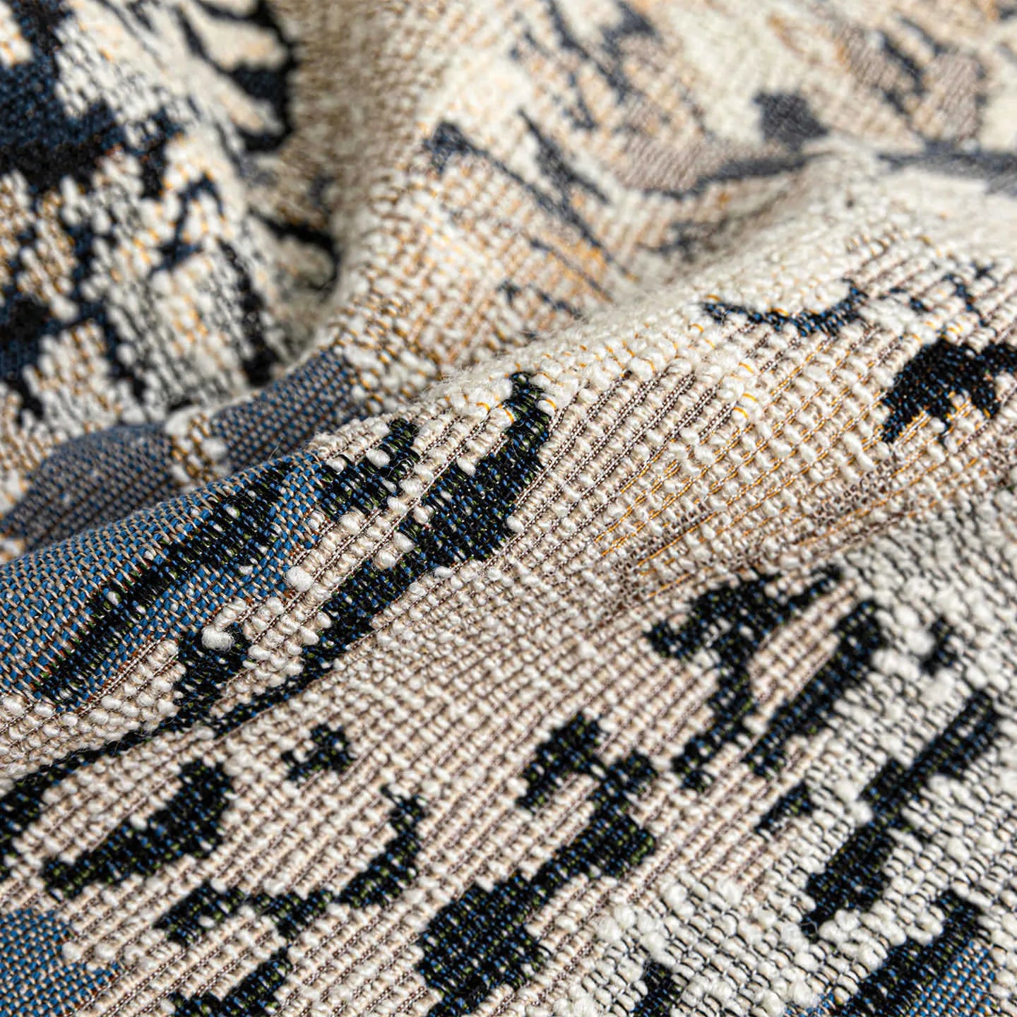 Antique blue wool blend cushion with Chinese floral pattern and feather velvet filling