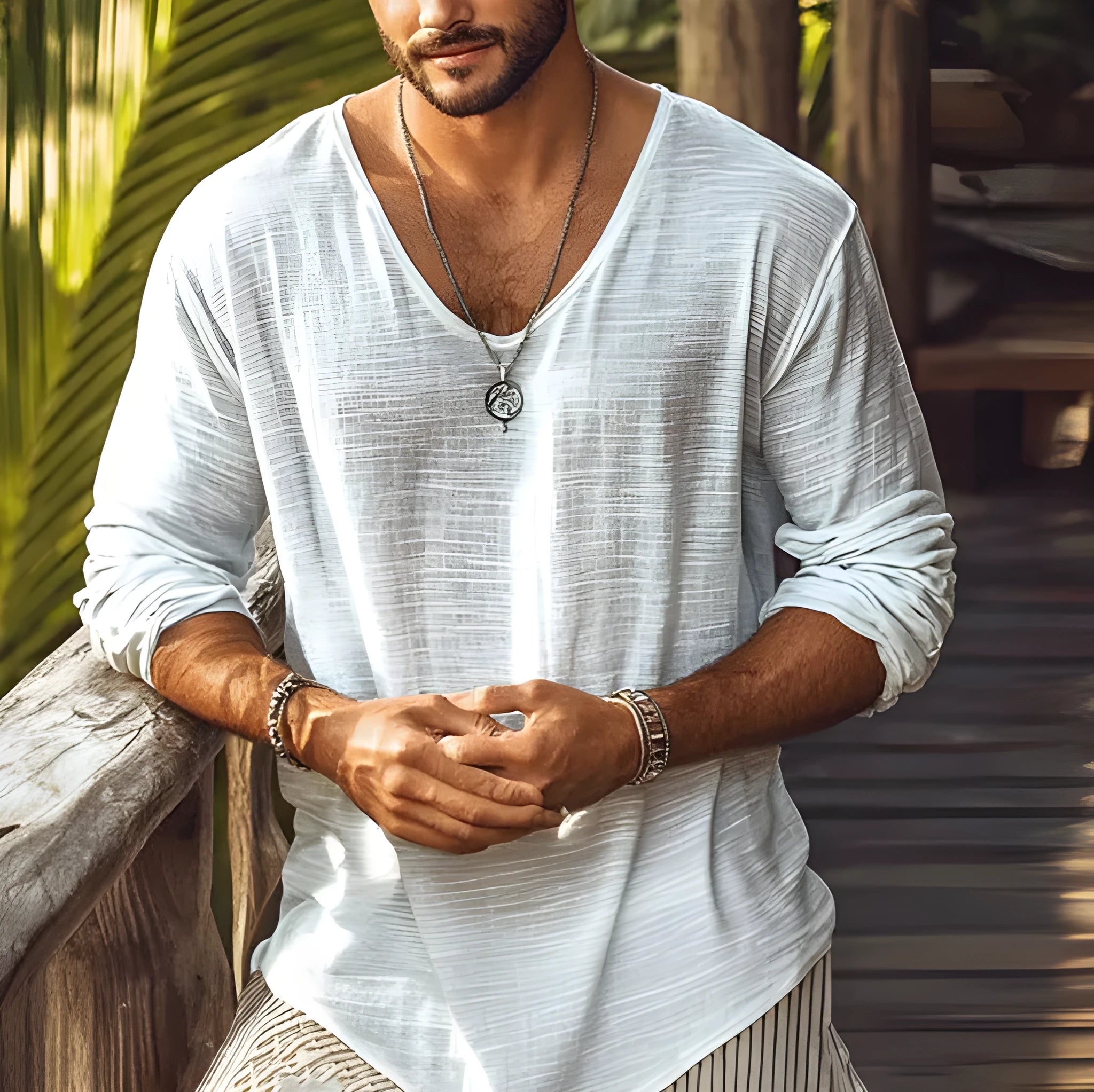 Beige V-neck long-sleeved slim fit t-shirt laid flat.