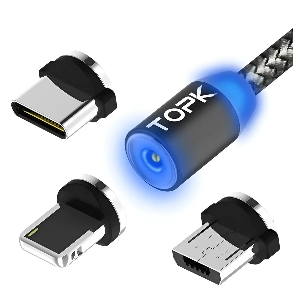Magnetic charging cable with three interchangeable plugs for Apple, Android and Type-C devices