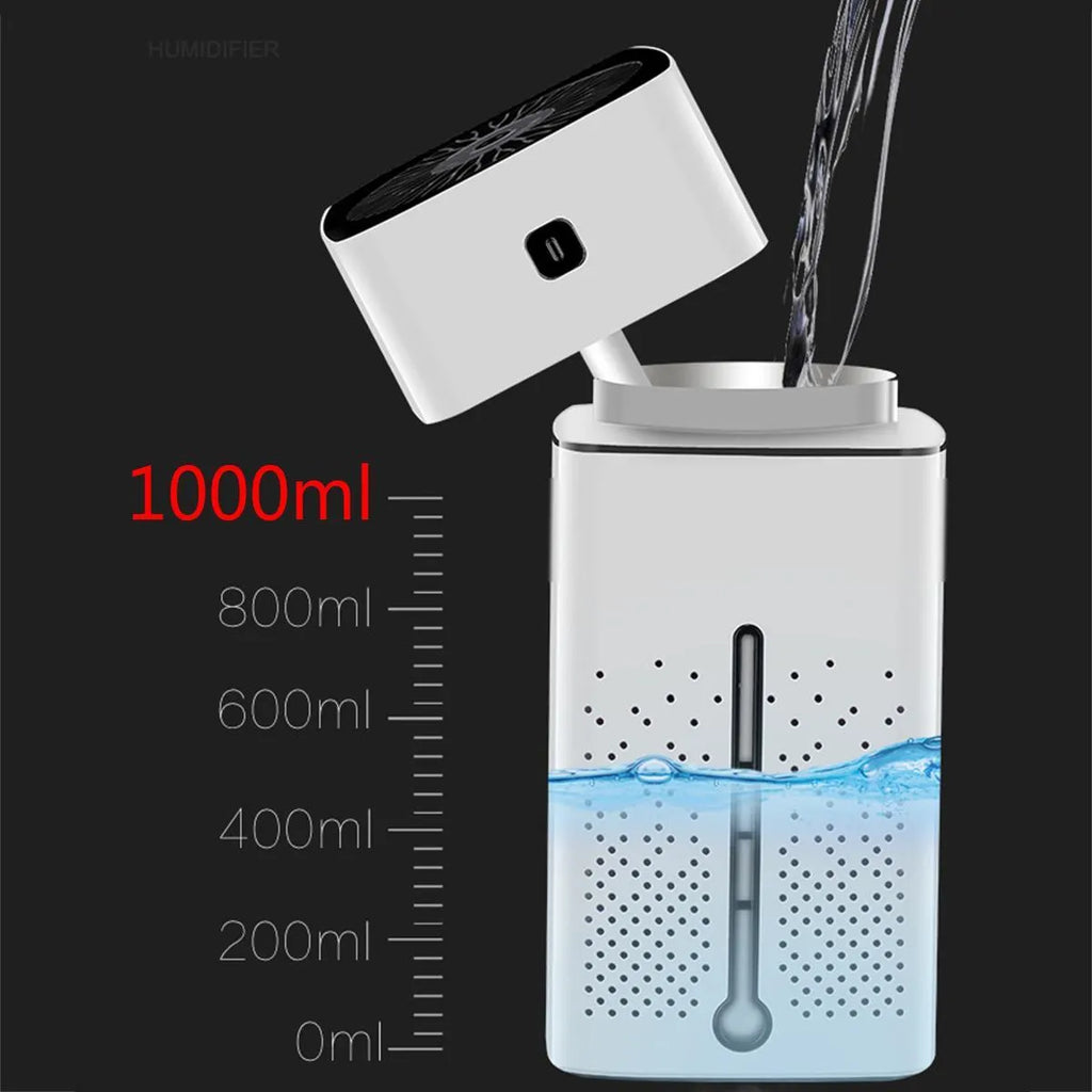 Black or white USB desktop humidifier measuring 103mm x 103mm x 218mm with 1000ml water capacity