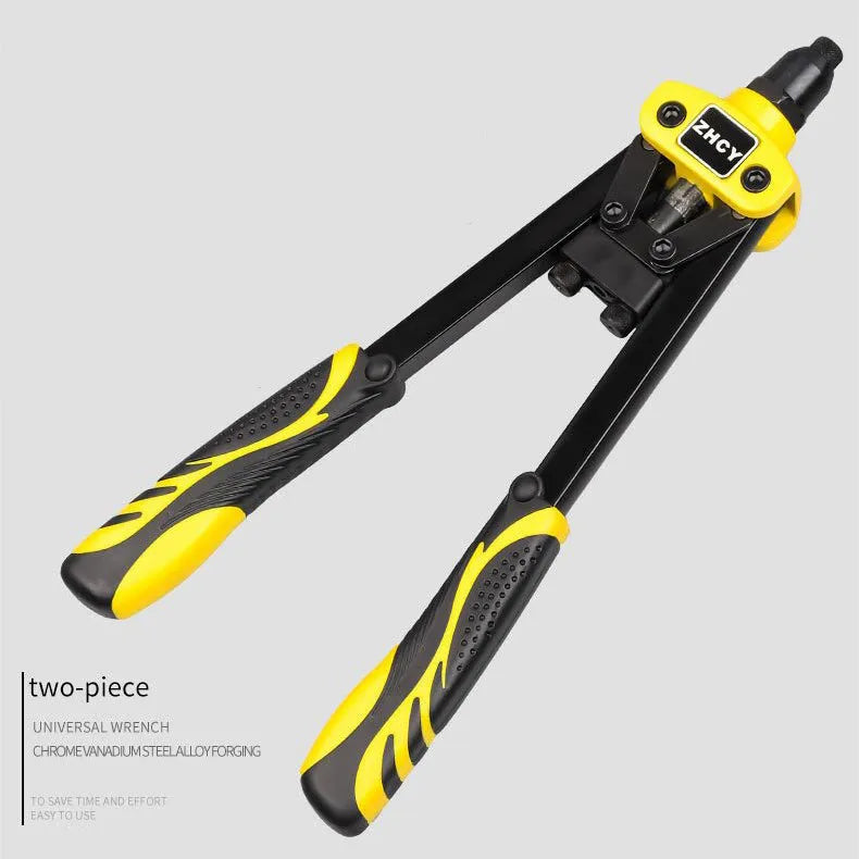 Yellow 13-inch manual rivet gun with three built-in nozzle sizes on a workbench
