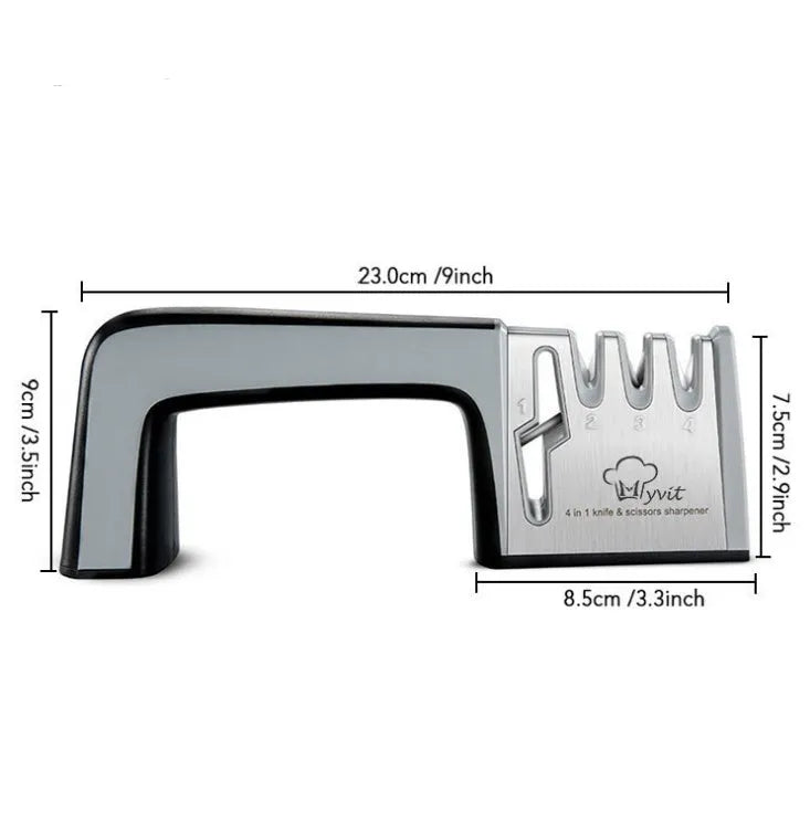 4-in-1 kitchen knife sharpener with multiple slots, black and cyan plastic and stainless steel body on a countertop