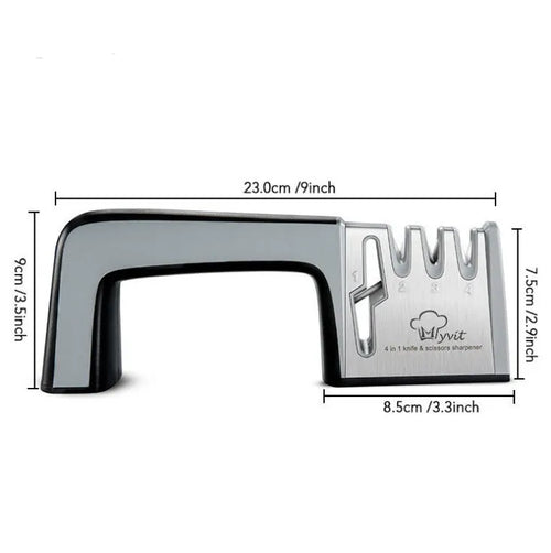 4-in-1 kitchen knife sharpener with multiple slots, black and cyan plastic and stainless steel body on a countertop