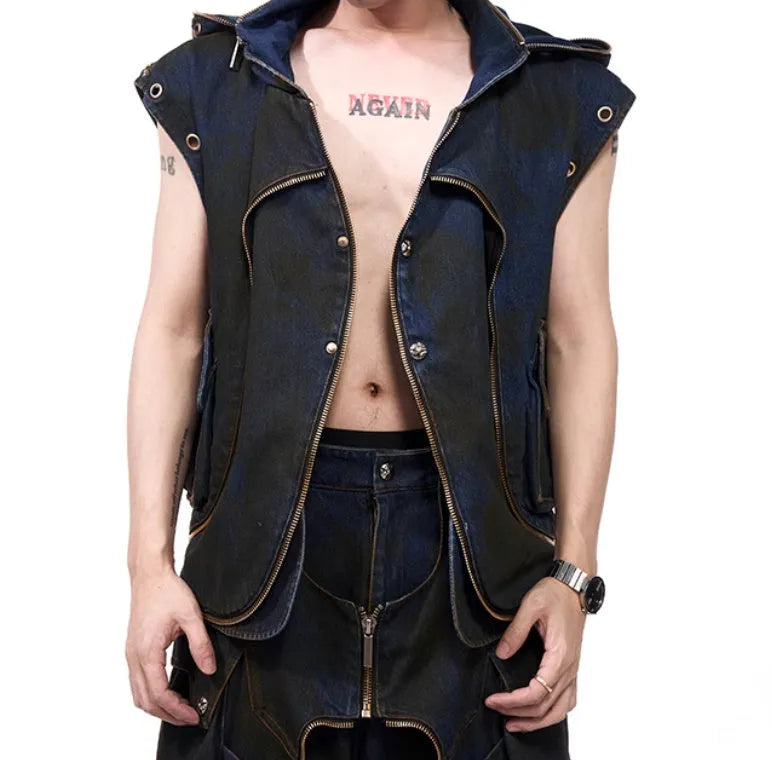 Blue hooded denim vest coat and matching trousers men's two-piece casual set