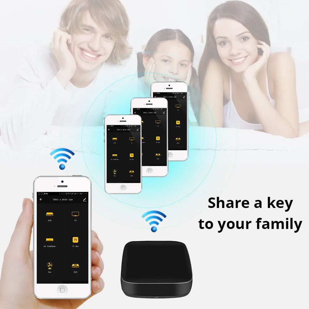 Black voice control universal infrared remote control with WiFi connectivity for smart home automation