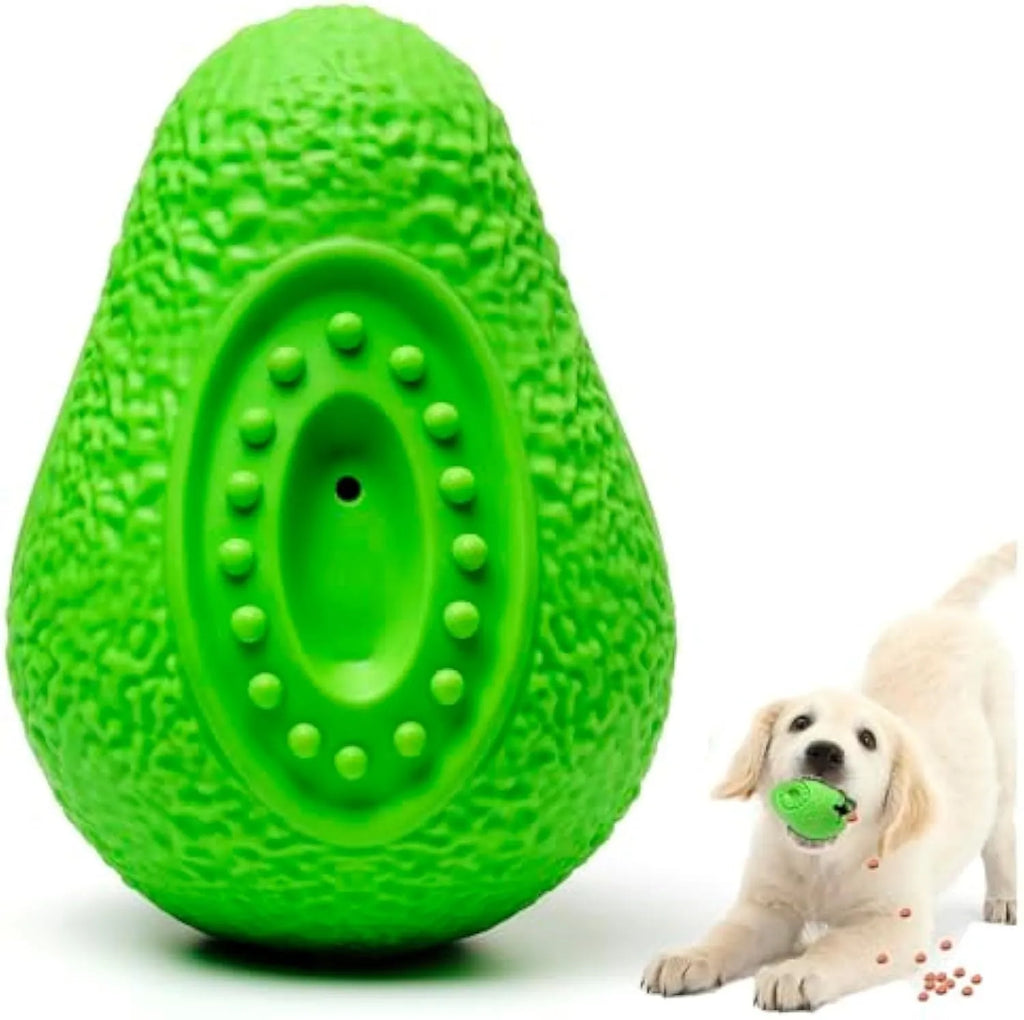 Green natural rubber dog chew toy with avocado shape and hollow food cavity