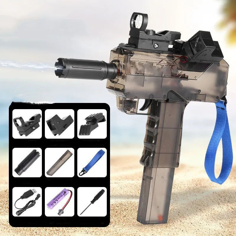 Uzi electric burst water gun in blue with transparent shell, 35ft range, rechargeable battery