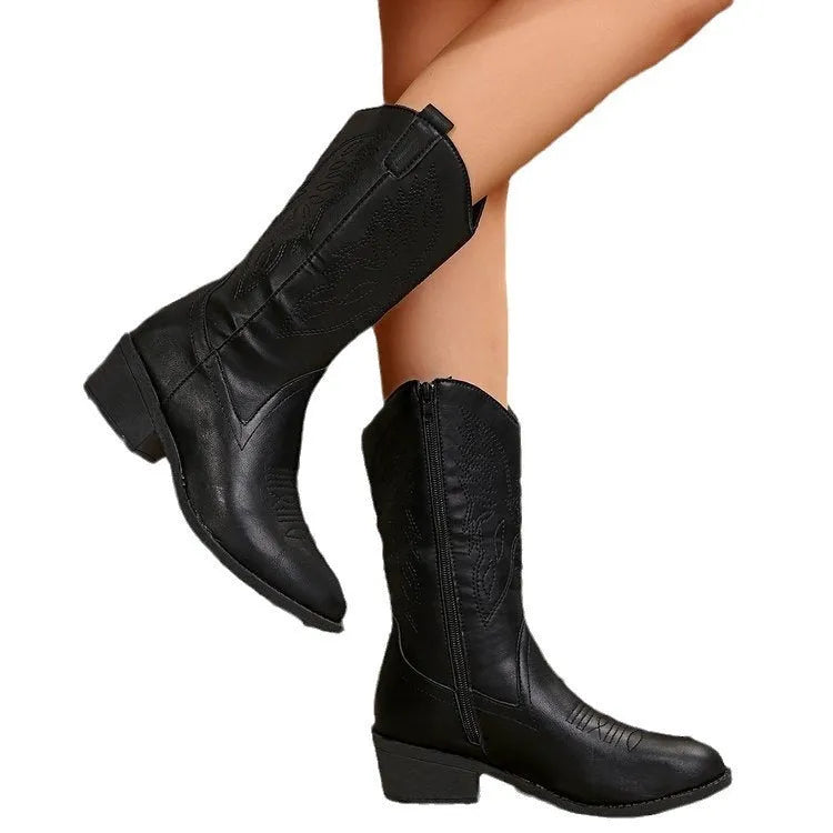 Women's mid-calf chunky heel martin boots in black artificial PU with pointed toe and hollow-out detail