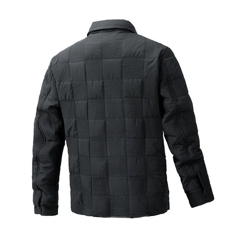 Mens quilted cotton jacket with wool lining and polo collar in army green on a plain background