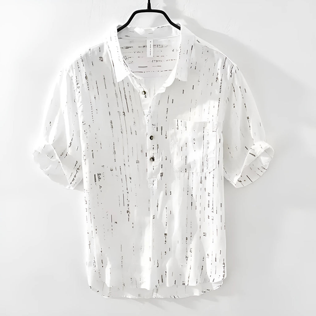 Men's black and white loose fit short-sleeved polo shirt with lapel collar on hanger