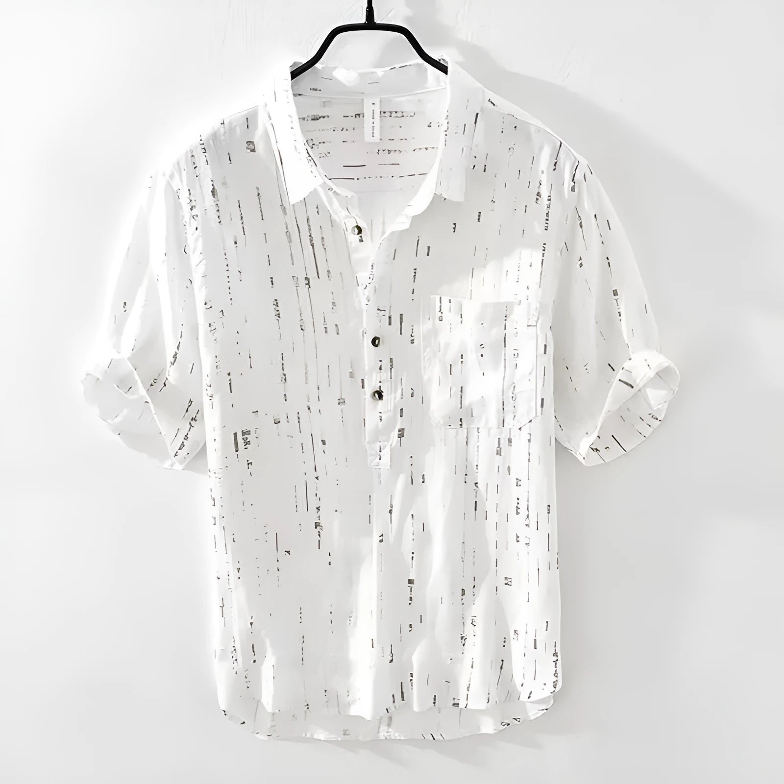Men's black and white loose fit short-sleeved polo shirt with lapel collar on hanger