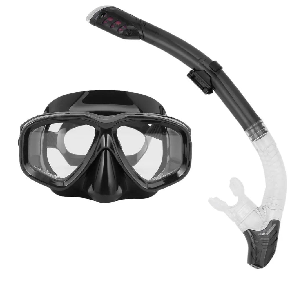 Black diving goggles with anti-fog glass lens, PC frame, and adjustable silicone strap.