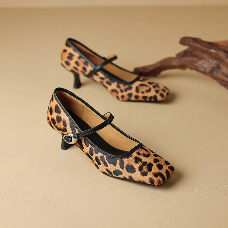 Women's square toe stiletto ankle-strap shoes in black or brown with horse hair upper and pigskin lining